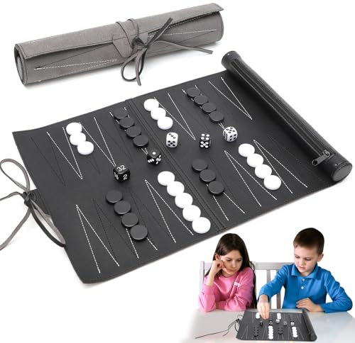 CEWROM Backgammon Set, Hergestellt Aus Kunstleder, Klassisches Backgammon Brettspiel Tragbares Reise Strategie, Spiel Klassiker Tavla als Roll Brettspiel, Aufrollbar
