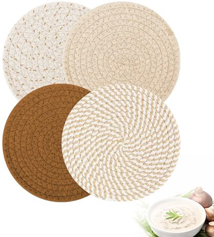 Dessous de Plat en Fil de Coton, Lot de 4 Dessous de Plat en Fil de Coton,18cm Ronds Tressés Tapis Porte Casseroles,Convient pour Les Plats, Les Casseroles et Les Théières