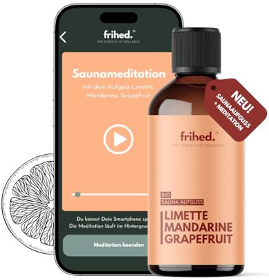 frihed.®, infusione per sauna biologica con App Meditation, infuso per tutti i tipi di sauna, profumo di lunga durata, olio di alta qualità, idea regalo (lime, mandarino e pompelmo, 100 ml)