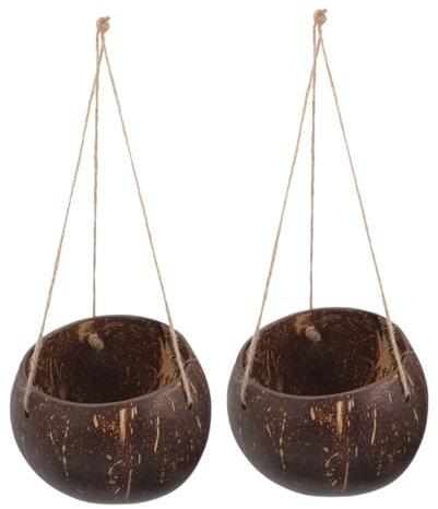 GANAZONO Cestini Decorativi in Guscio di Cocco 2 Pezzi, Grandi Vasi Sospesi per Piante da Interno e Balcone, Portavasi Appesi Corda, Contenitori per Fiori per Ufficio, Soggiorno e Giardino