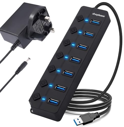7-Port USB 3.0 Hub with 5V/2A Power Adapter, High-Speed Data Splitter with Individual Power Switches and Lights, Portable USB Extension Hub with 1.2m Cable for PC Laptop and Others