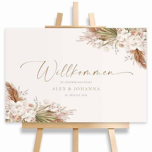 HEI Print Willkommensschild Hochzeit Boho mit Datum und Namen, personalisierte Hochzeitsdeko, Willkommen Schild, Eukalyptus, Leinwand, 60x40