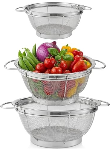 UNIQUE CRAFTS Set of 3 Stainless Steel Colanders – Nesting Metal Strainers with Loop Handles | Kitchen Drain Basket for Pasta, Vegetables, Rice, Fruit | Durable, Rust-Resistant.22cm/25.5cm/28cm