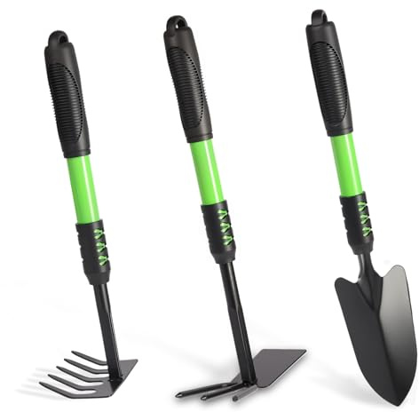 Zenrok Garden Tool Set, 3 Pack Lightweight Heavy Gardening Kit Including Hand Shovel, Transplant Shovel and Hand Rake with Soft Rubber Non-Slip Handle, for Planting Weeding Digging, Green ﻿
