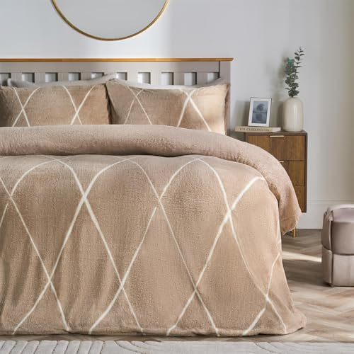 Brentfords King Size Duvet Cover Sets, Super Soft Warm Winter Fleece Bedding Stylish Diamond Check Teddy Fleece Duvet Set Cosy Fluffy Thermal Teddy Bear Bedding with Pillowcases, Natural