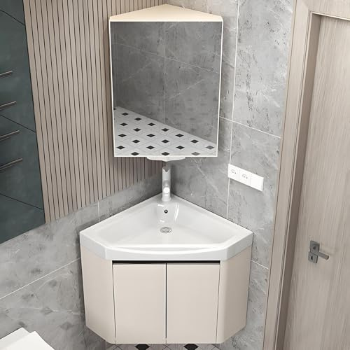 Meuble de salle de bain d'angle suspendu avec lavabo en céramique et miroir, ensemble combiné pour petits espaces(Beige,43cm/16.9in)