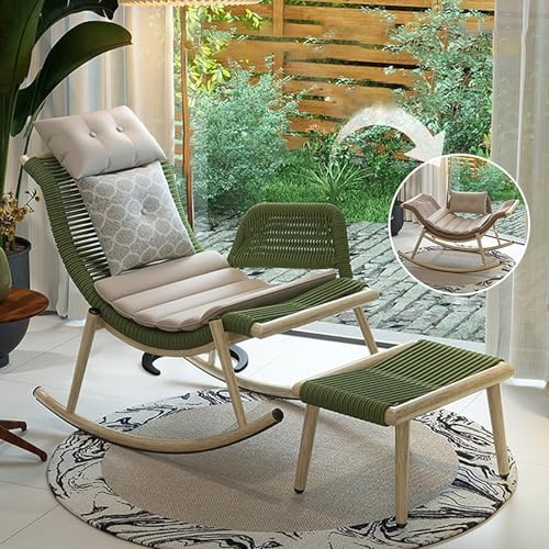 Moderner Schaukelstuhl mit Ottomane, Stillstuhl zum Stillen, Pe Rattan, Schlittenboden, Kopfstütze, Sitzkissen, Baumwolle und Leinen Kissen für Schlafzimmer und Garten