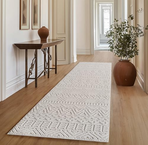 SIMPEX Teppich Läufer 80x250 cm Creme Vintage Design Bouclé Schlingenflor Skandi Stil Superweich Robust Pflegeleicht Moderner Flurteppich für Eingangsbereich Küche Korridor Schlafzimmer