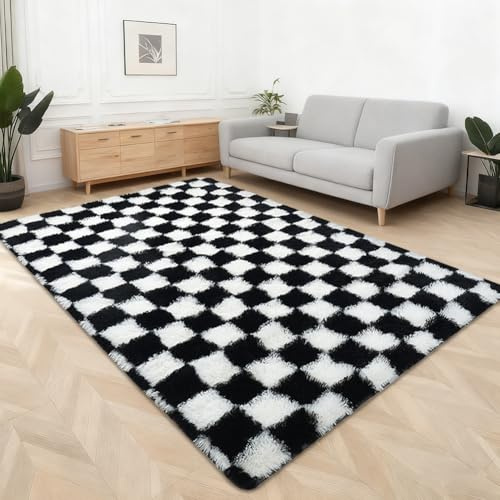 YNNHUDEEP Kariert Hochflor Teppich für Wohnzimmer, Waschbar, Anti Rutsch, Extra Große, Flauschig für Schlafzimmer und Kinderzimmer,Größe: 140x200 cm (Schwarz Weiss Kariert)
