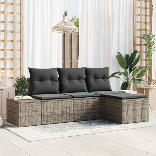 Bucmath Garten-Sofa-Set 4-teilig, Grau Poly Rattan, modulares Loungeset für Terrasse, Balkon, wetterfestes Outdoor-Möbelset mit Kissen, verstellbare Füße