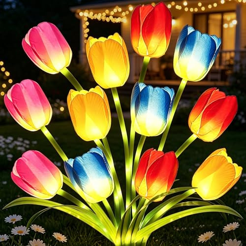 VEEKAY Luci Solari da Giardino,4 Pezzi Tulipano Luce Solare Esterno, Luce Solare LED Esterno,IP65 Impermeabile Lampade Solari da Giardino,per Patio,Prato