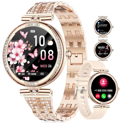 HIRREO FV4 Diamond Smart Watch for Women, 1.19 AMOLED HD Display, 100+ Sports Mode Fitness Tracker, 5ATM Waterproof/Pedometer/Sleep Smartwatch, Ladies Smart Watches for iOS Android, Rose Glod