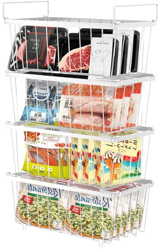 TUAKIMCE 4 Pack Chest Freezer Baskets – Stackable Wire Storage Bins with Handles – Fits 198L Freezer – Easy-Access Frozen Food Organiser for Upright & Chest Freezers (White)