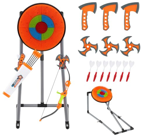 COSTWAY 4 in 1 Set di Arco e Frecce per Bambini | Set da Gioco con Asce da Lancio, Freccette , Freccia, Arco e Bersaglio, da Interno ed Esterno