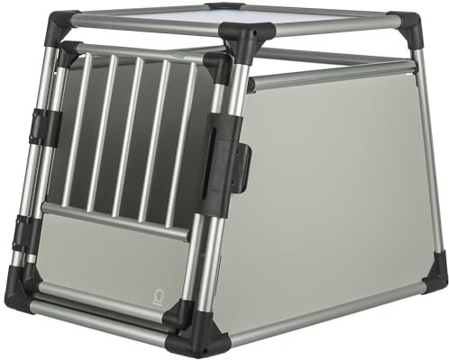 TRIXIE Hunde-Transportbox Aluminium in silber – M: 55 × 62 × 73 cm, stabile und geräuscharme Hundebox mit abgeschrägten Seiten, Sicherheitsverschluss & rutschfester Liegematte – 39342