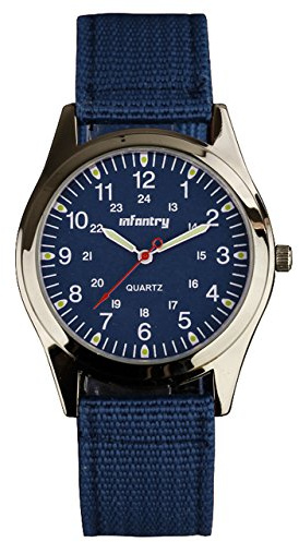 Infantry Mens Casual Wrist Watch Analogue Quartz Field Watches for Men Military Army Tactical Luminous Outdoor Sport Work Wristwatch with Blue Nylon Strap