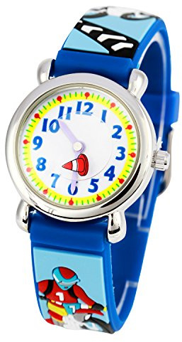 Jian Ya Na Montre à quartz numérique ronde avec bracelet en silicone et motif de dessin animé pour fille Bleu (moto).