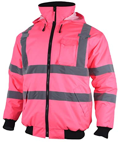 VENDACE Hi Vis Reflective Safety Winter Bomber Jacket Hoodie for Women ANSI High Visibility Pink Quilted Lining Jacket (Pink,XL)