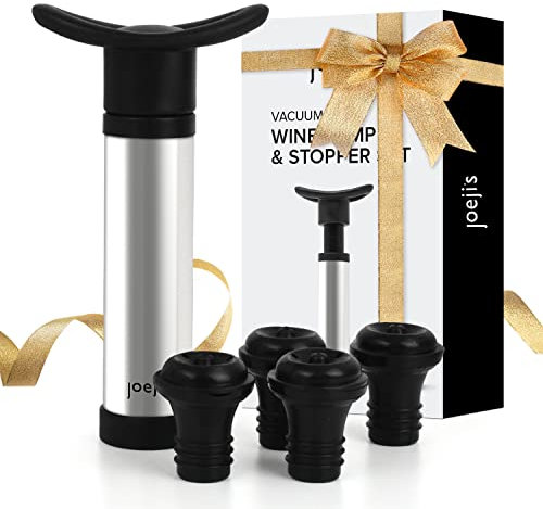 Joeji's Kitchen Pompa Per Vuoto Vino Acciaio Con 4 Tappi - Pompa Salvavino Tappo Per Vuoto in Silicone Pompa Per Bottiglie Di Vino Rallenta L'ossidazione E Chiude Le Bottiglie