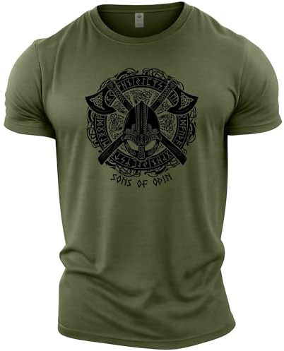 GYMTIER Sons of Odin - Casque Vikings - T-shirt de gymnastique pour hommes, entraînement de musculation, vêtements de levage, vert, XL