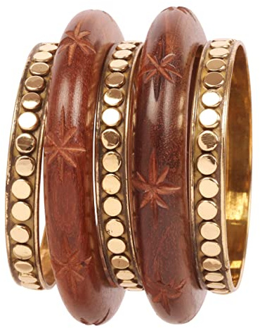 Touchstone Bracelet indien Bollywood en bois naturel coupé à la main avec jolis motifs assortis en laiton pour femme., 2 10, Bois et laiton, Pas de gemme