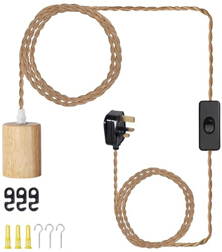 Wood Pendant Light Cord Kit with Switch, 15FT Vintage Industrial Hanging Light Plug in Pendant Lamp Cord with Twisted Nylon Rope E26 E27 Socket for Farmhouse Home DIY