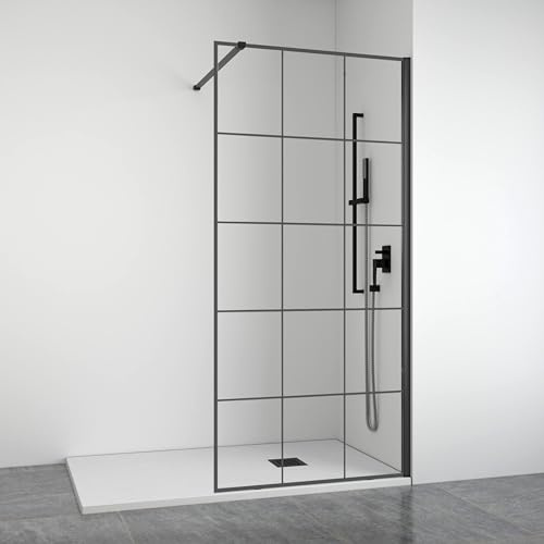 Mampara de ducha frontal panel fijo - Decorado industrial - Cristal templado 8 mm Antical - Perfilería Negra Mate - Ancho adaptable 98-100 cm - Alto 195 cm