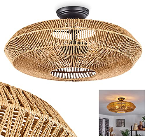 HOFSTEIN Deckenleuchte Cassano, Deckenlampe aus Rattan/Metall in Natur/Schwarz, moderne Leuchte im Boho-Design (Ø 51,5 cm) mit Lichteffekt durch Gitter-Optik, 2 x E27, Wohnzimmer, Schlafzimmer, Küche