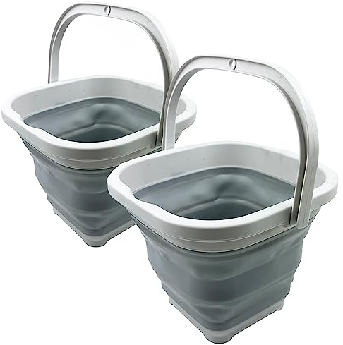 SAMMART 5L quadratischer zusammenklappbarer Kunststoffeimer – Faltbare quadratische Wanne – tragbarer Angelwassereimer – platzsparender Wassertopf für den Außenbereich (Grau (2er-Set))
