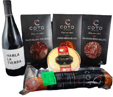 Cesta de Regalo para Empresas con Vino Tinto Habla de la Tierra, Paleta Ibérica de Bellota, Queso Torta del Casar, Lomo Ibérico – Corazón Extremeño