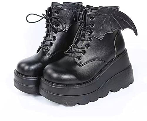 Ulalaza Dunkle Fledermausflügel-Stiefeletten für Damen, Keil, klobig, mit frechen Plateaustiefeln, runder Zehe, Schnürung, seitlichem Reißverschluss, hoher Absatz, Damenstiefel Stretchmaterial