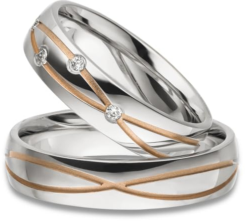 Kolibri Rings Eheringe Set 925 Silber Rot Vergoldet 4 Zirkonia Steine | Wellenförmige Glanzfuge Made in Germany | Partnerringe, Trauringe Paarpreis mit Gratis Gravur & Etui