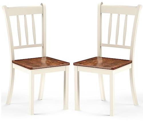 COSTWAY Dining Chairs Set of 2, Rubber Wood Kitchen Chairs with Wide Seat & High Backrest, Side Chairs for Living Room Restaurant Café (with Slatted Backrest, 46x54x97cm, White)