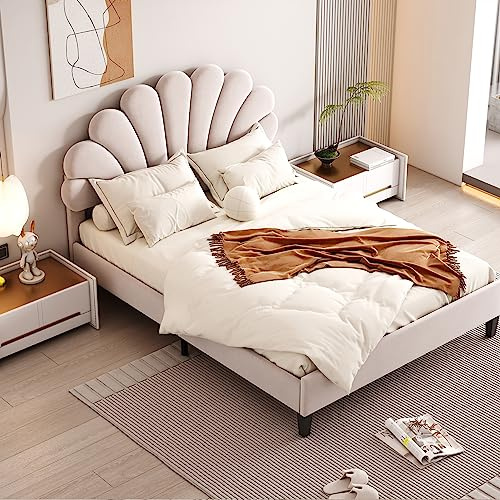 Harper & Bright Designs Full Size Platform Bed with Flower Shaped Headboard, Velvet Upholstered Platform Bed with Wood Slats Support, No Box Spring Needed, Beige