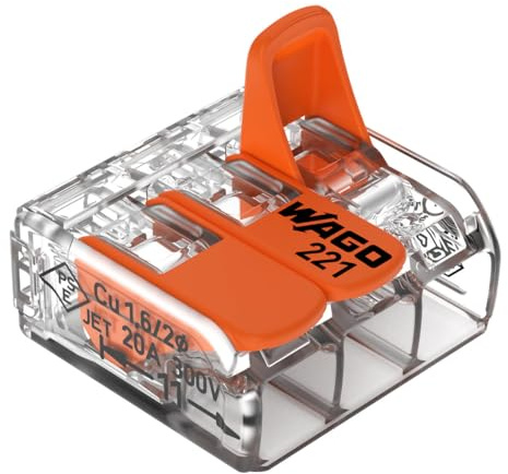 WAGO Verbindungsklemmen 221-413 | 3-polig, bis 4 mm², COMPACT Kabelverbinder mit Hebel für alle Leiterarten weltweit, bestätigte Anwendungssicherheit, 12 Stück, Quick Connect, Copper, Plastic, Orange