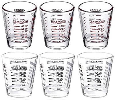 Xtahdge 6 Pieces Espresso Measuring Cup Liquid Shot Glass Heavy Wine Glass 26-Incremental Measurement 1, 6 Teaspoons, 2 Tablespoons, 30 ml