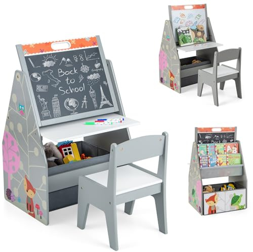 COSTWAY Kids Art Table and Chair Set, Double-Sided Easel with Magnetic Whiteboard & Chalkbord, Bookshelf, Storage Bin, Children Activity Center for Drawing, Reading, Learning (Grey)