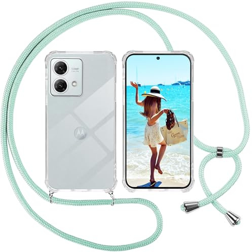 ISOI Funda con Cuerda para Motorola Moto G84 5G, Carcasa Transparente TPU Suave Silicona Case con Correa Colgante Ajustable Collar Correa de Cuello Cadena Cordón, Verde