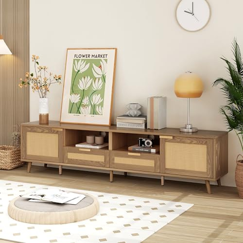 Merax TV Schrank Großer, PE-Rattan Lowboard, Fernsehtisch mit 2 Türen, 2 Schublade, 2 offener Stauraum, Beine aus Massivholz, Rustikaler Sideboard, für Wohnzimmer Esszimmer, Dunkle Eiche, 200x37x49cm