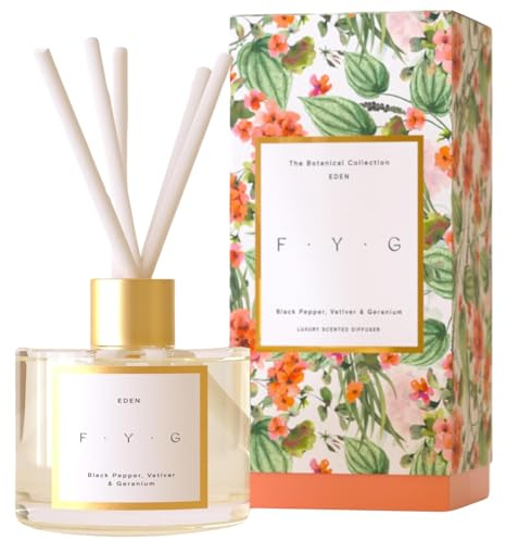 FYG Eden Luxury Reed Diffuser – Elegant Glass Vessel – Black Pepper, Vetiver & Geranium – Uplifting Home Fragrance – Long-Lasting Scent for Any Occasion – 200ml Room Diffuser with Reeds