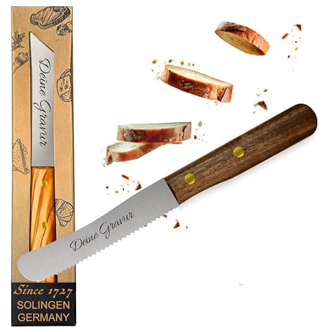 Personalisiertes Frühstücksmesser Solingen mit Holzgriff (Walnuss, 1x Wellenschliff)