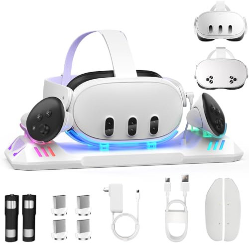 Charging Dock for Meta Quest 3S/Quest 3, Magnetic Charging Station for Oculus Quest 3 VR Headset & Controllers, with 2 Rechargeable 2100mAh Batteries, USB-C Charger and Cable, Supports LED Indicator