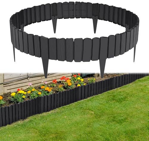 VA-Cerulean 2,3m Kunststoff Rasenkante, Holzoptik Beeteinfassung Beetumrandung Palisade, Gartenpalisade Flexible Randsteine Rasenkanten Beetzaun, 4 Stück, Anthrazit
