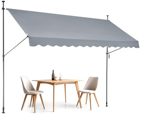 VEVOR Tenda da Terra Retrattile 350 x 120 cm Tenda Manuale con Manovella, Altezza Regolabile 218-310 cm Tenda da Sole per Balcone Esterno Resistente ai Raggi UV, per Terrazza/Balcone/Cortile, Grigio