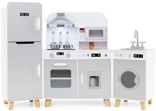 GYMAX Large Play Kitchen, Modular Kids Kitchen with Range Hood, Washing Machine, Ice Maker, Microwave, Refrigerator, Lights, Sounds, Sink and Cookware, Wooden Toy Kitchen for 3+ (Gray)