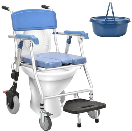 Generisch Toilettenstuhl für Senioren mit Rollen Dusch Toilettenstuhl Fahrbar, Duschstuhl mit Rollen, Toilettenstühle Klappbar Nachtstuhl für Behinderte, Tragfähigkeit 150kg