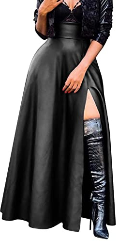 Lederrock Damen Lang Pu Faltenrock Sexy Mit Hohe Seitenschlitz Maxirock A-Linie Stylisch Kunstleder Rock Damen Lang Plisseerock Lederoptik Damen Große Größen Skirts for Women Lederimitat Rock Damen