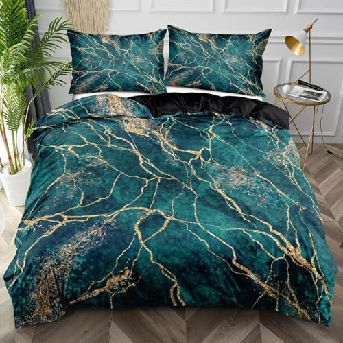 Luowei Bettwäsche 155x220 cm 3tlg Marmor Grün Gold, Mikrofaser | Oeko-TEX Atmungsaktiv Bettwäsche Set Modern Ästhetisches Design Bettbezug mit Reißverschluss und 2 Kissenbezüge 80x80cm