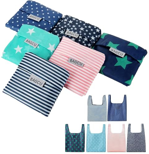 YREYBN 6PCS Foldable Shopping Bag, Foldable Bag, Reusable Eco-friendly Grocery Tote Bags Shopper Bag Folding into Attached Pouch Handy Travel Bags for Household Outdoors