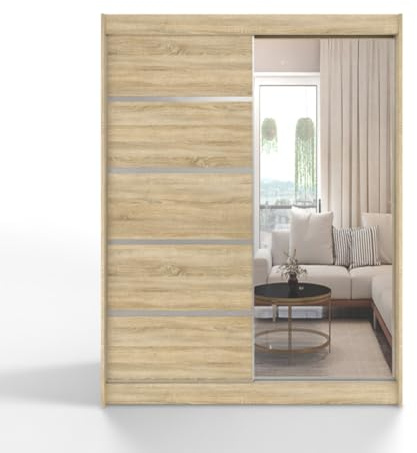 Gaba furniture 120 cm Sonoma Sliding Door Wardrobe with Mirror Width 100/120/150/180/200/250 cm Bedroom Wardrobe with Hanging Rail and Shelves Colours White/Black/Sonoma